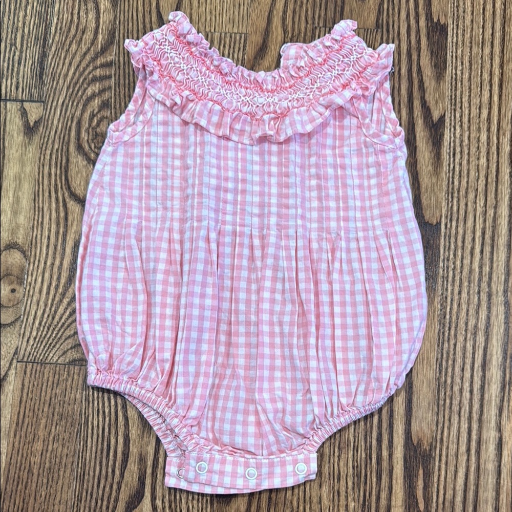 Peggy Green Pink Gingham Baby bubble with smocking detail